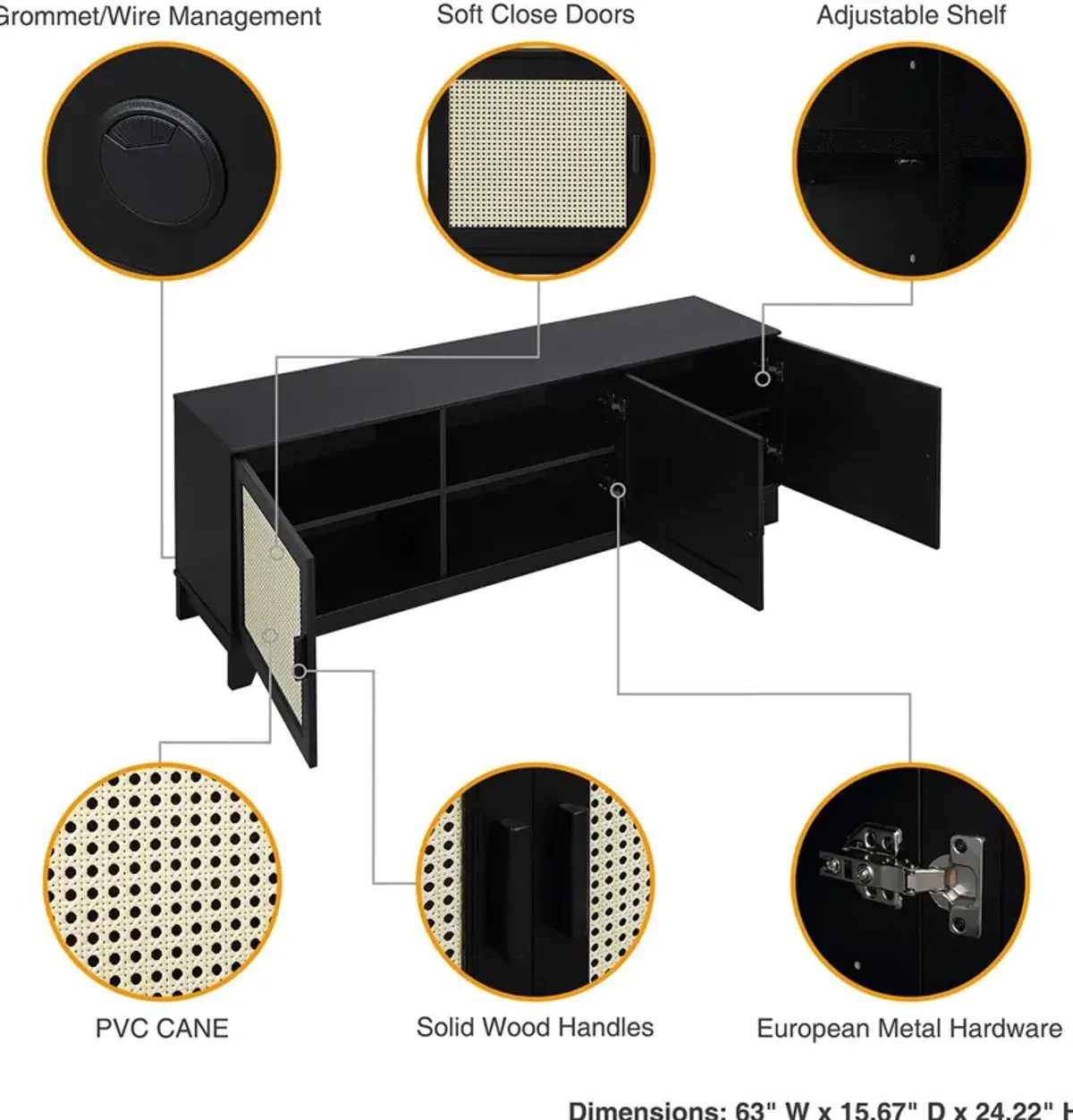 Kylian Bookcase, TV Stand, Sideboard and End Table Set - Black