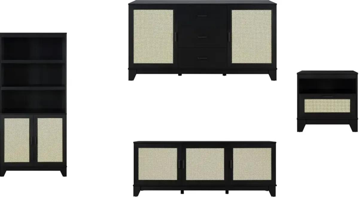 Kylian Bookcase, TV Stand, Sideboard and End Table Set - Black