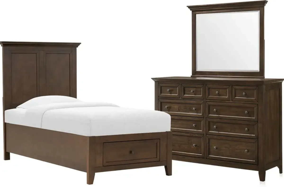 Lincoln 5-Piece Twin Youth Storage Bedroom Set with Dresser and Mirror - Hickory