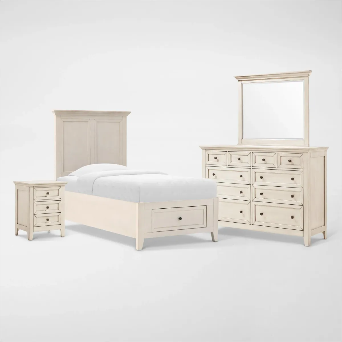 Lincoln Solid Wood 6-Piece Twin Bedroom Set with Nightstand,Dresser and Mirror - White