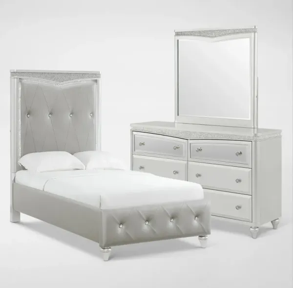 Posh 5-Piece Upholstered Twin Youth Bedroom Set with Dresser and Mirror