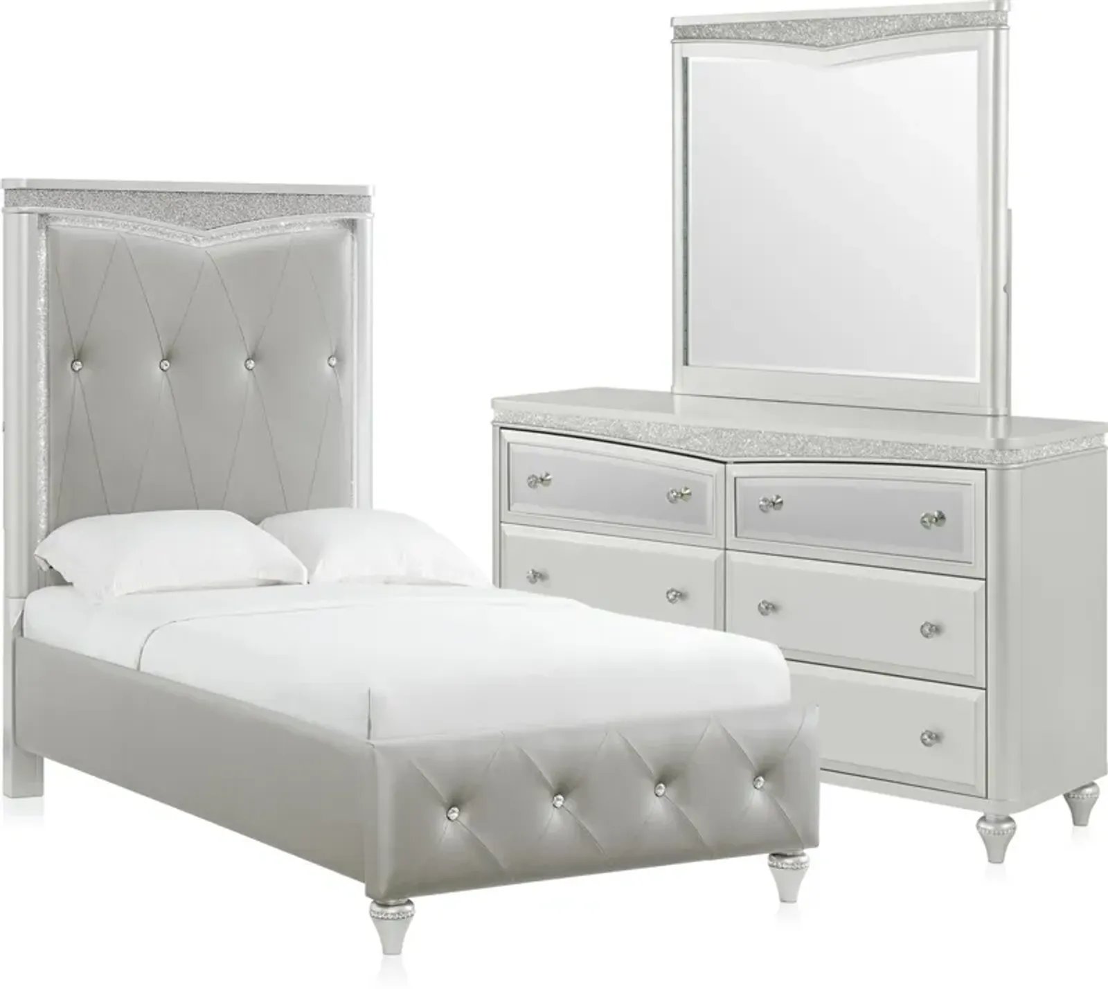 Posh 5-Piece Upholstered Twin Youth Bedroom Set with Dresser and Mirror