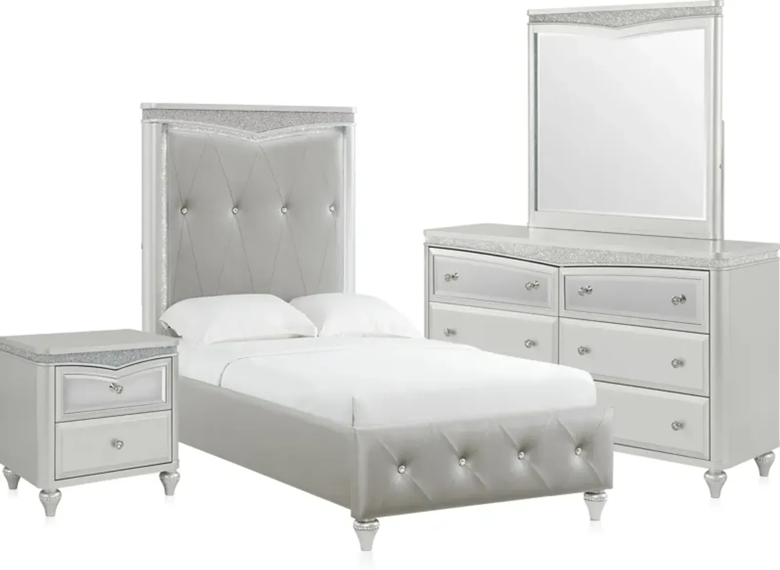 Posh 6-Piece Upholstered Twin Youth Bedroom Set with Nightstand, Dresser and Mirror