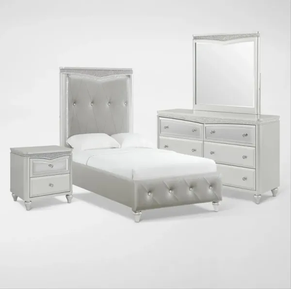 Posh 6-Piece Upholstered Twin Youth Bedroom Set with Nightstand, Dresser and Mirror