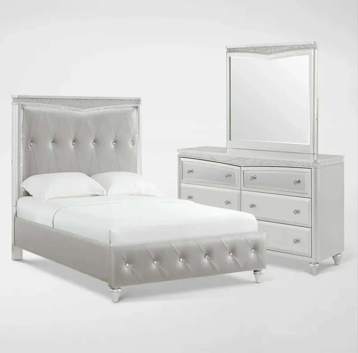 Posh 5-Piece Upholstered Full Youth Bedroom Set with Dresser and Mirror