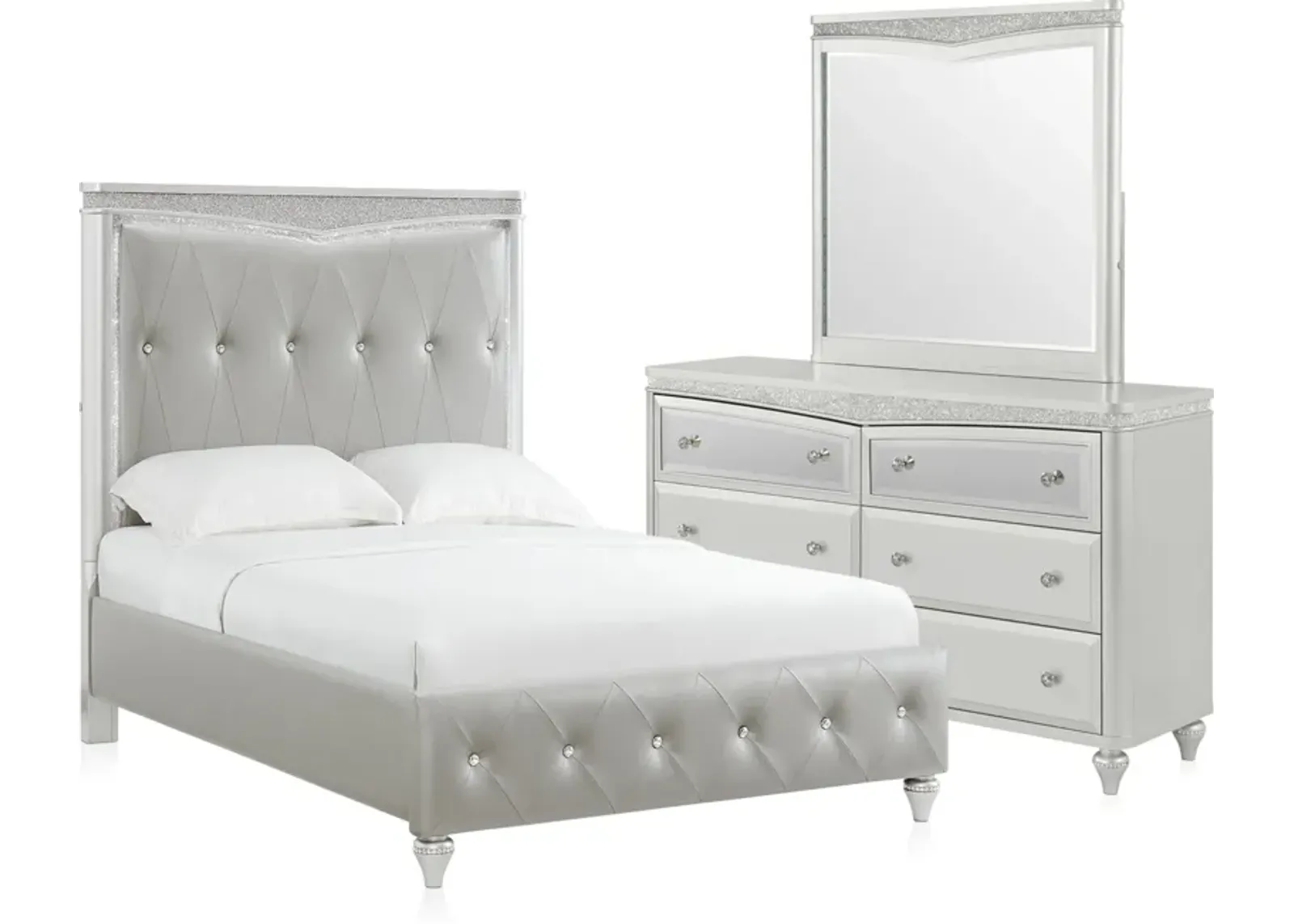 Posh 5-Piece Upholstered Full Youth Bedroom Set with Dresser and Mirror