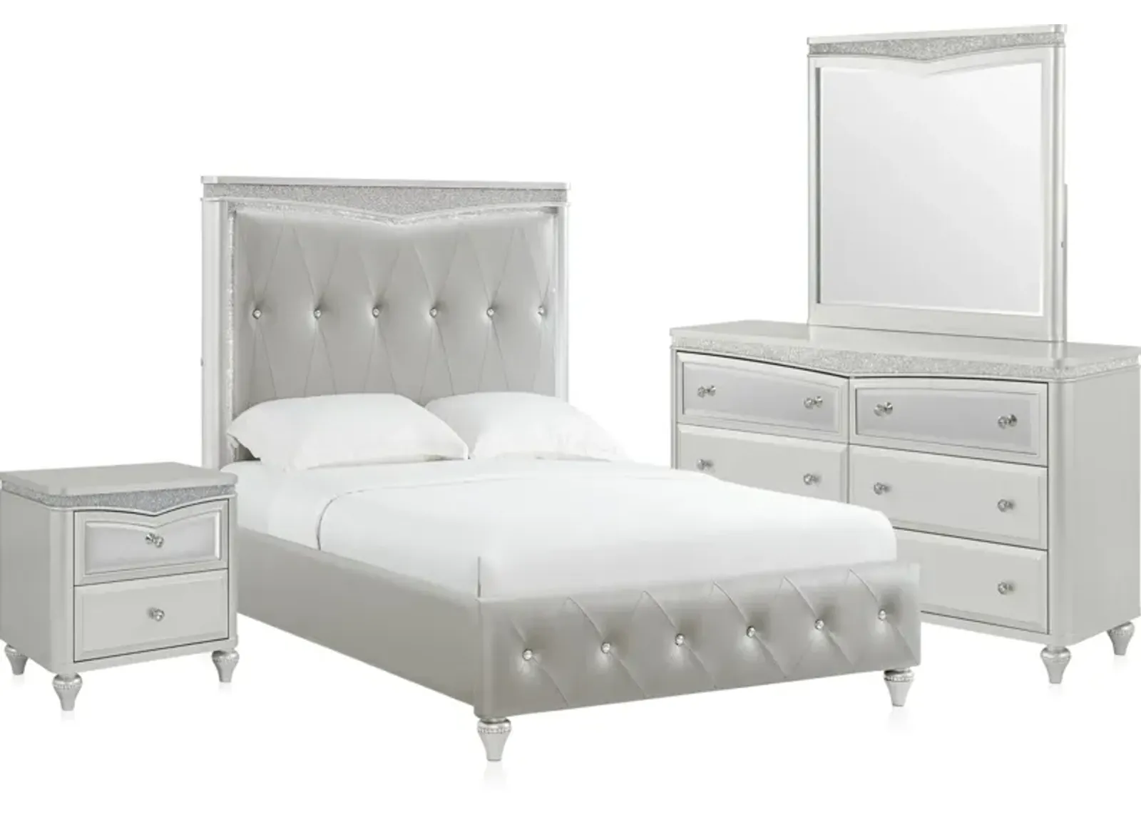 Posh 6-Piece Upholstered Full Youth Bedroom Set with Nightstand, Dresser and Mirror