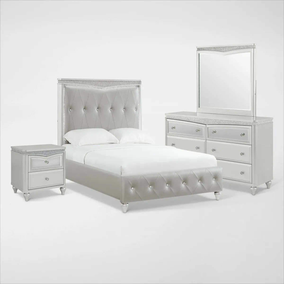 Posh 6-Piece Upholstered Full Youth Bedroom Set with Nightstand, Dresser and Mirror