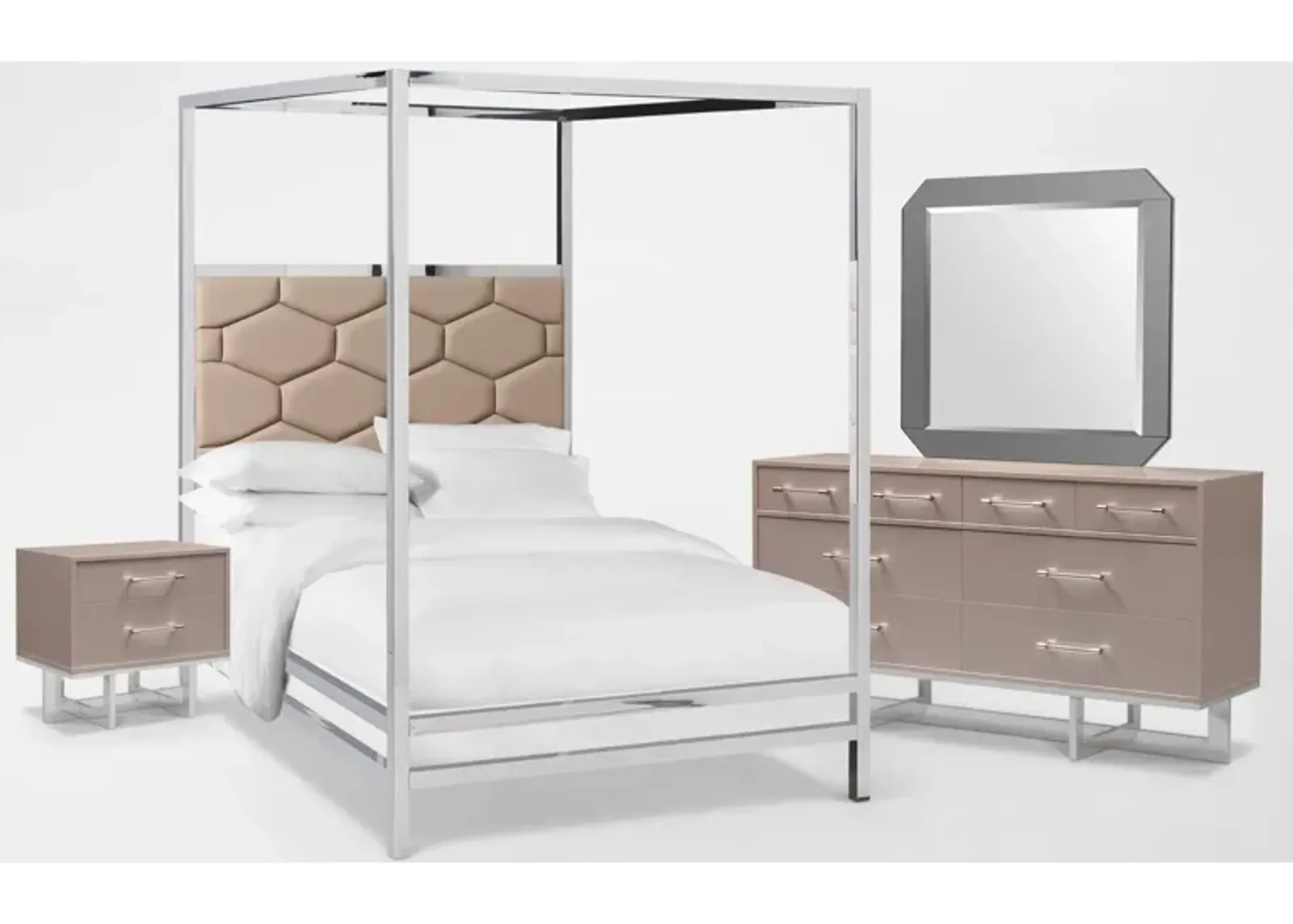 Concerto 6-Piece King Canopy Bedroom Set with Nightstand, Dresser and Mirror - Champagne