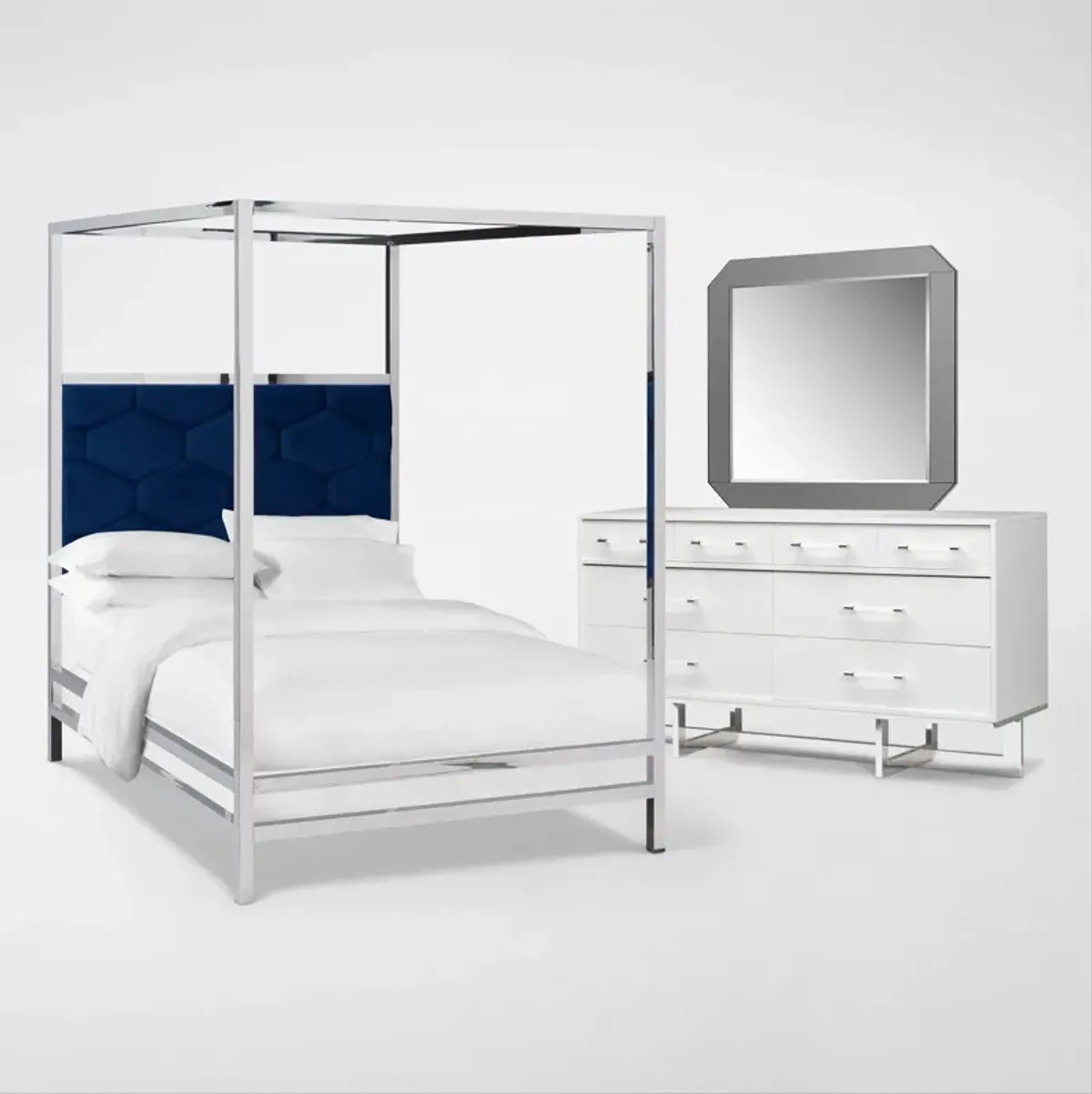 Concerto 5-Piece Queen Canopy Bedroom Set with Dresser and Mirror - Blue Velvet