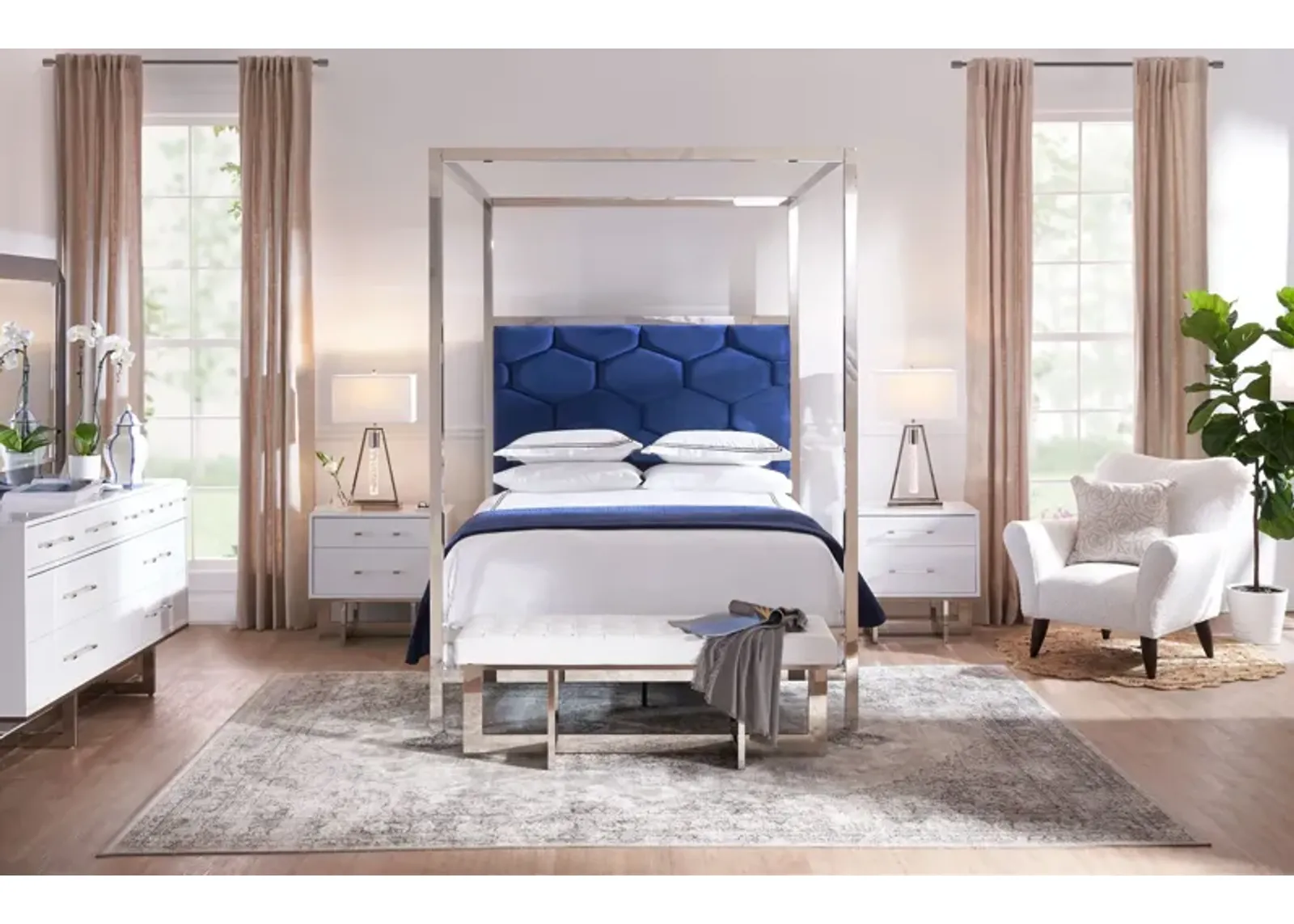 Concerto 6-Piece Queen Canopy Bedroom Set with Nightstand, Dresser and Mirror - Blue Velvet