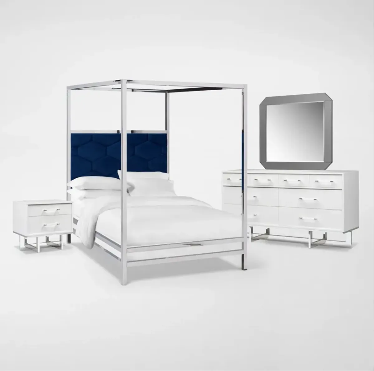 Concerto 6-Piece King Canopy Bedroom Set with Nightstand, Dresser and Mirror - Blue Velvet