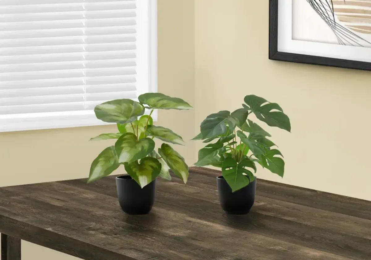 Set of 2 Faux 1' Monstera Plants with Black Planters