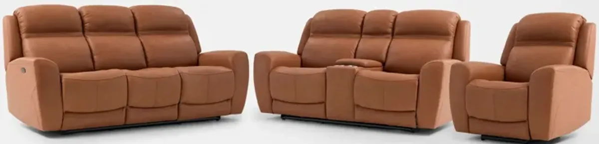 Kenyon Dual-Power Reclining Sofa, Loveseat with Console and Recliner Set - Tan