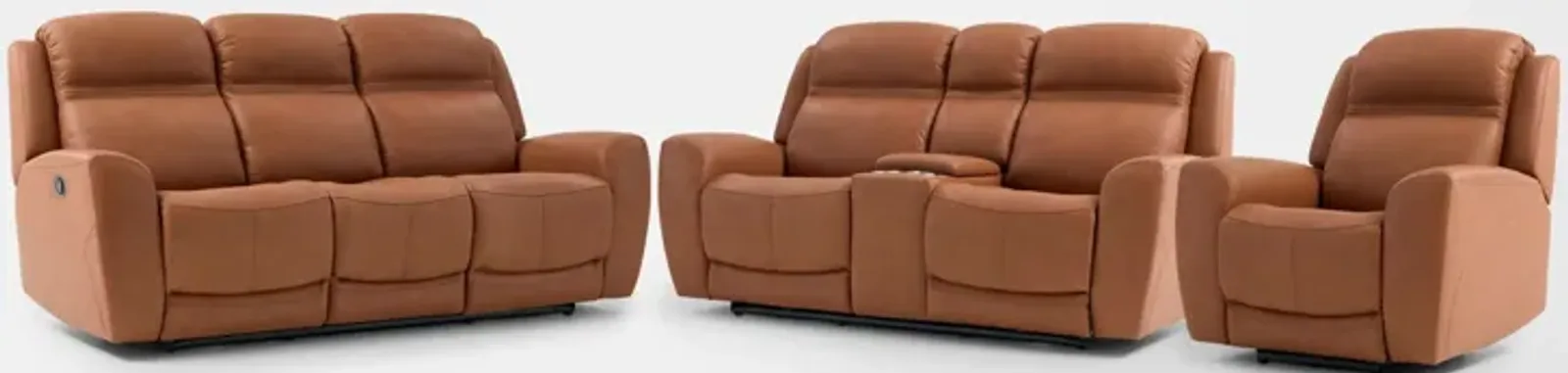 Kenyon Manual Reclining Sofa, Loveseat with Console, and Recliner Set - Tan