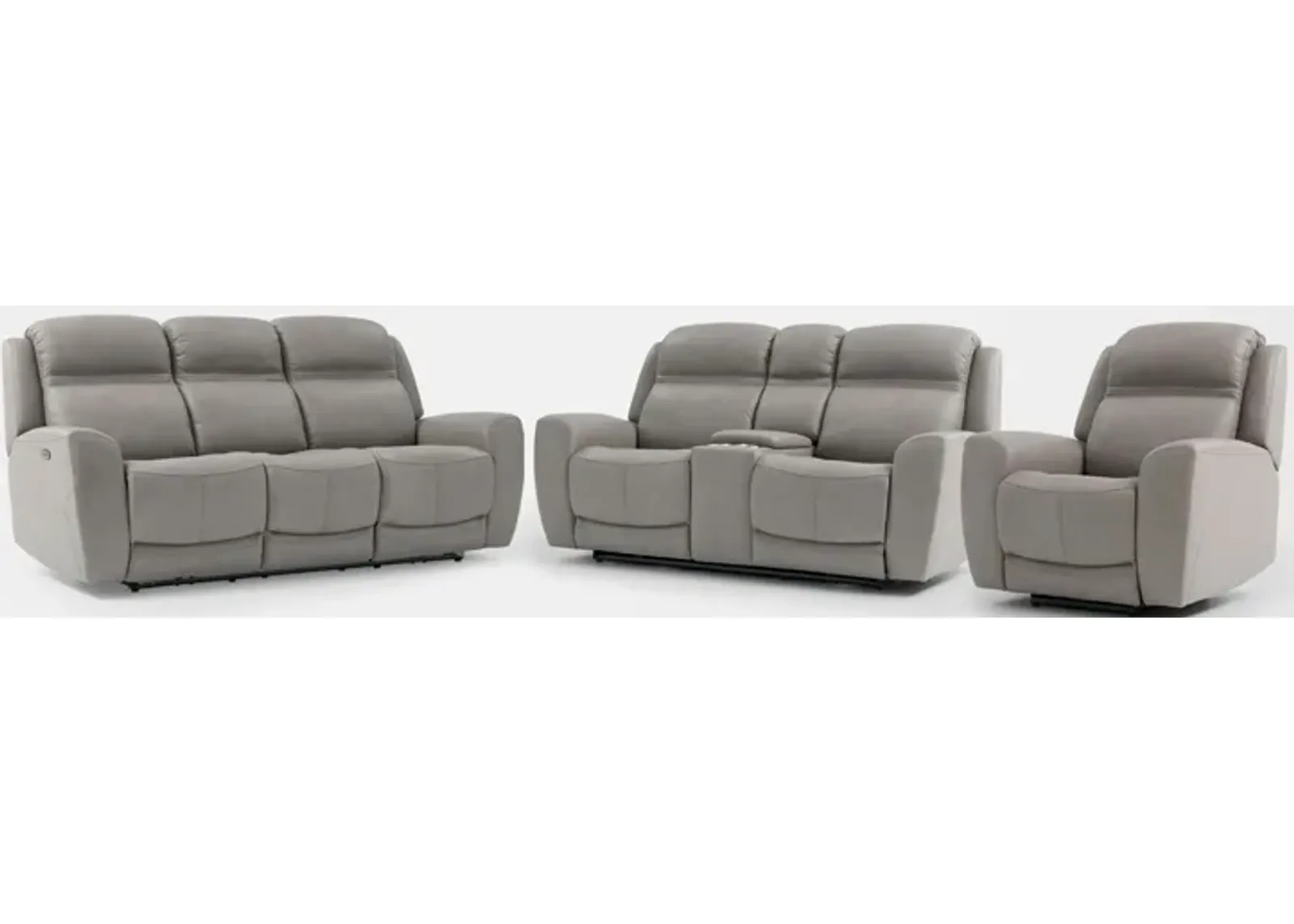 Kenyon Dual-Power Reclining Sofa, Loveseat with Console and Recliner Set - Light Gray