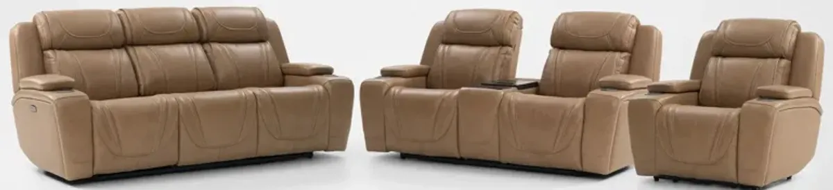 Forte Dual-Power Reclining Sofa, Loveseat with Cooling Console, and Recliner - Sand