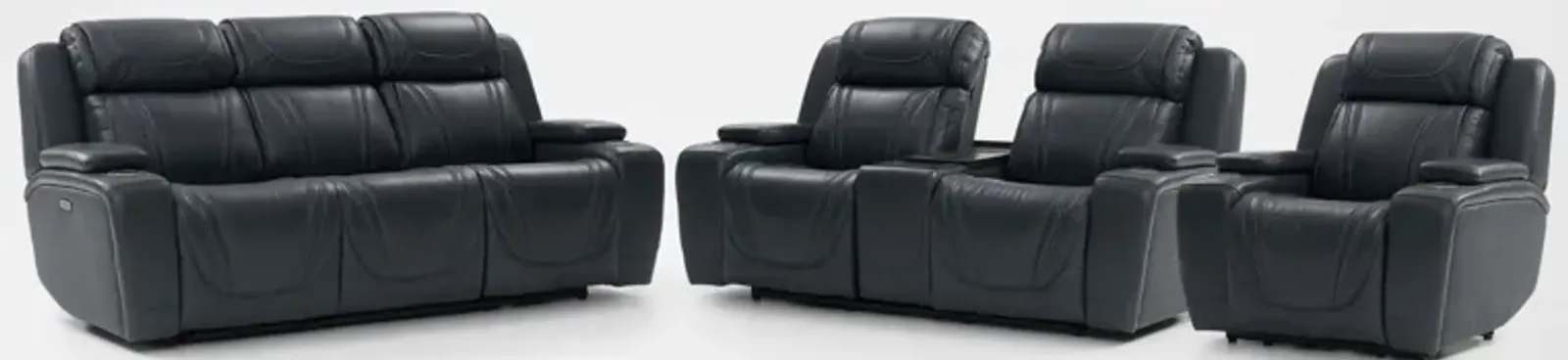 Forte Dual-Power Reclining Sofa, Loveseat with Cooling Console, and Recliner - Navy