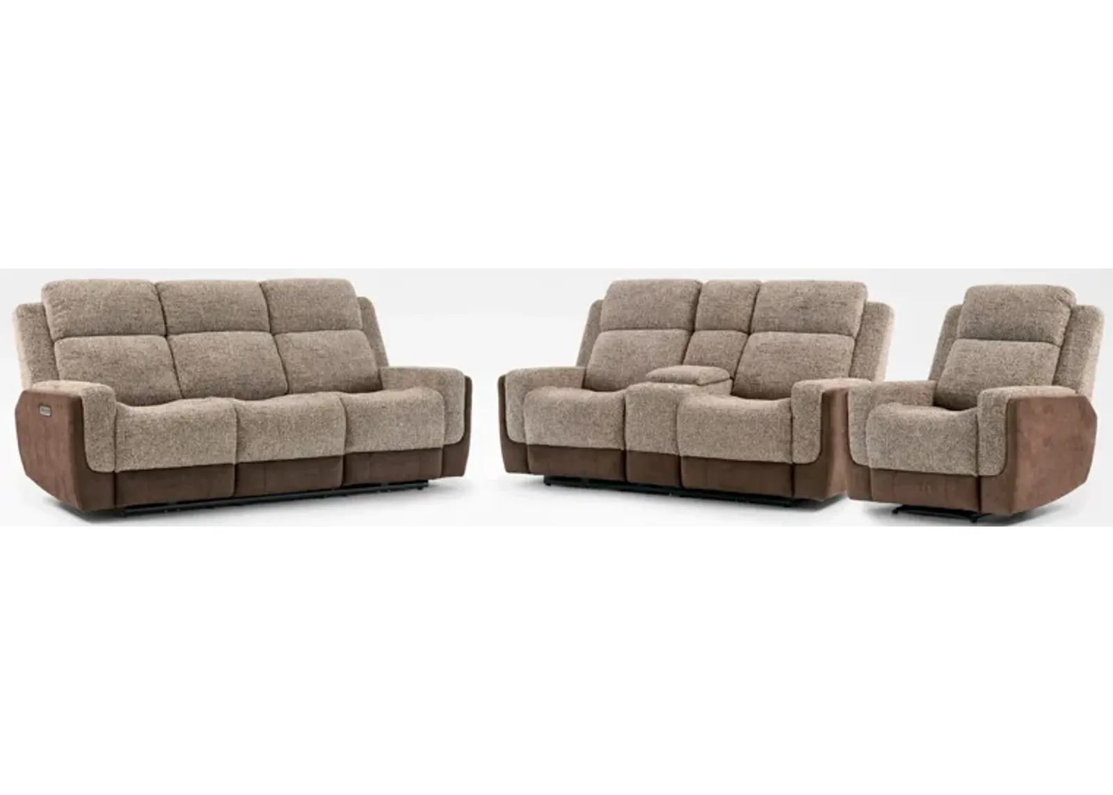 Desmond Dual-Power Reclining Sofa, Loveseat with Console and Recliner Set