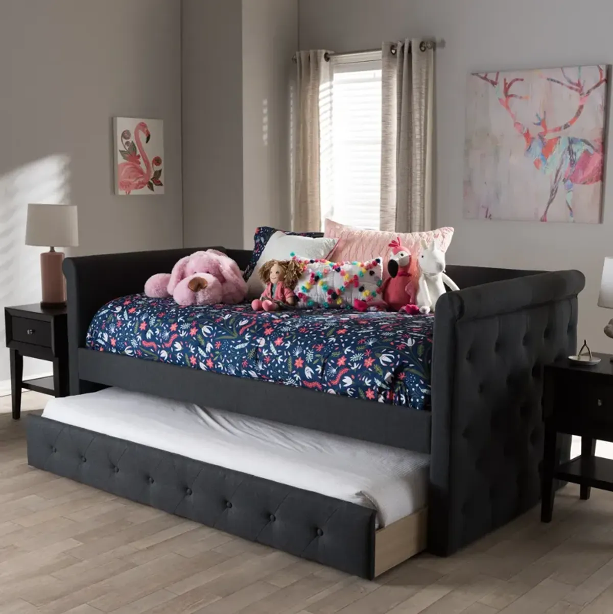 Azora Twin Upholstered Daybed with Trundle - Dark Gray