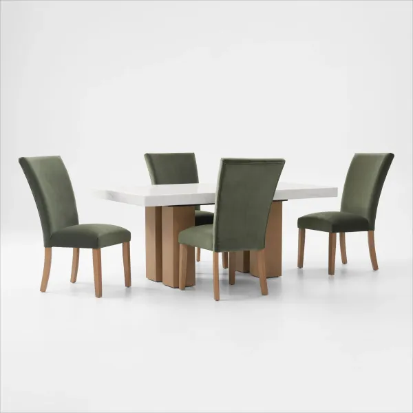 Artemis Marble Dining Table and 4 Upholstered Dining Chairs - White Marble/Olive