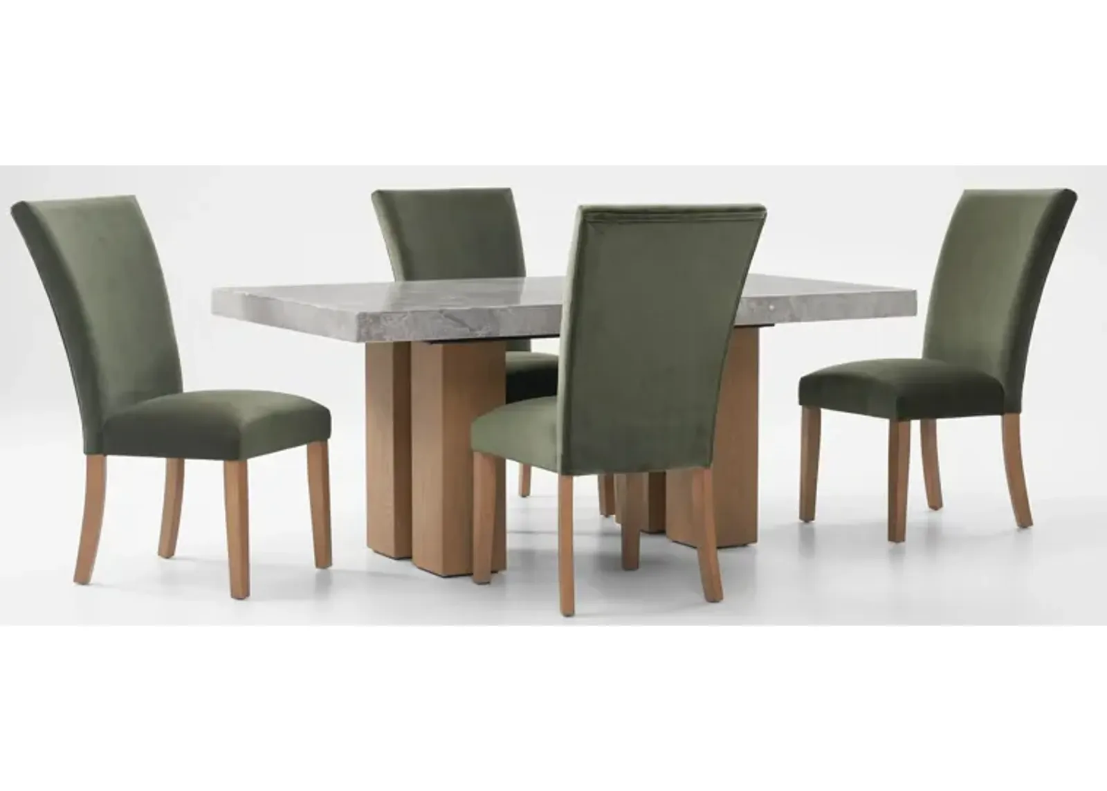 Artemis Marble Dining Table and 4 Upholstered Dining Chairs - Gray Marble/Olive