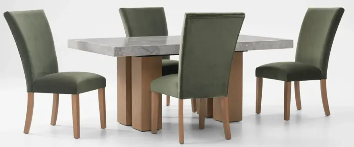 Artemis Marble Dining Table and 4 Upholstered Dining Chairs - Gray Marble/Olive