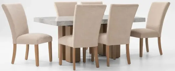 Artemis Marble Dining Table and 6 Upholstered Dining Chairs - Gray Marble/Beige
