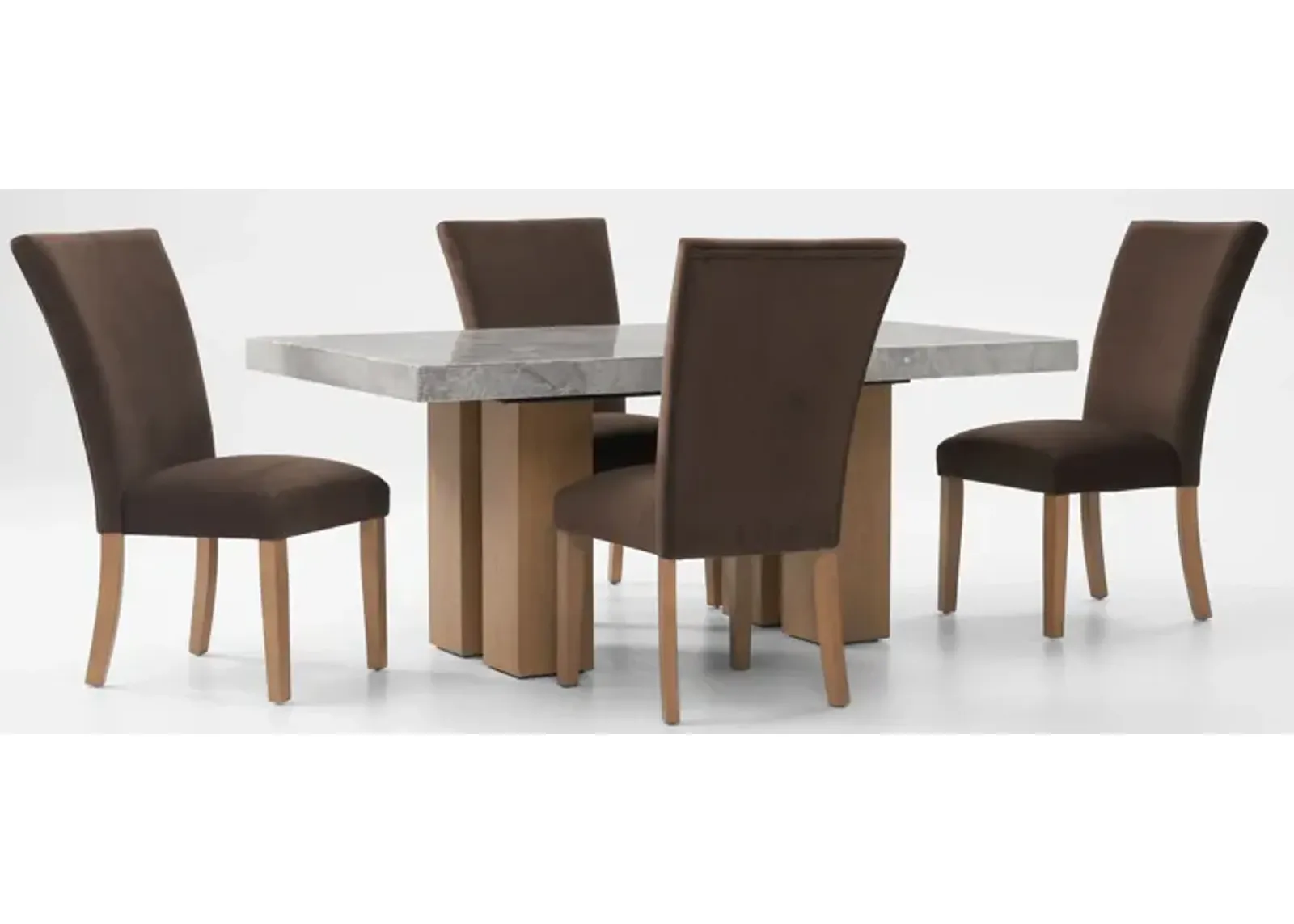 Artemis Marble Dining Table and 4 Upholstered Dining Chairs - Gray Marble/Brown/Natural Legs