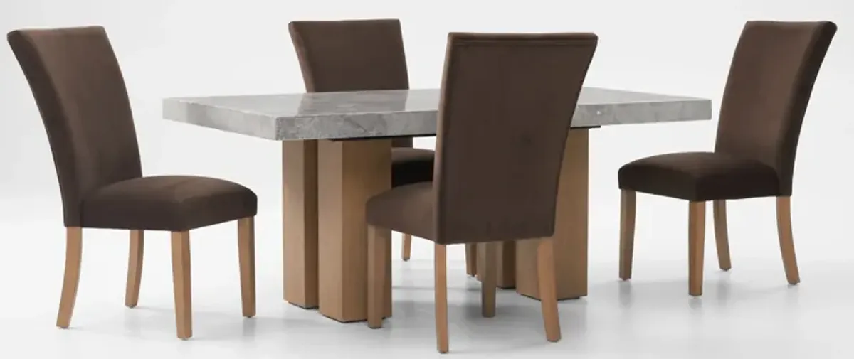 Artemis Marble Dining Table and 4 Upholstered Dining Chairs - Gray Marble/Brown/Natural Legs