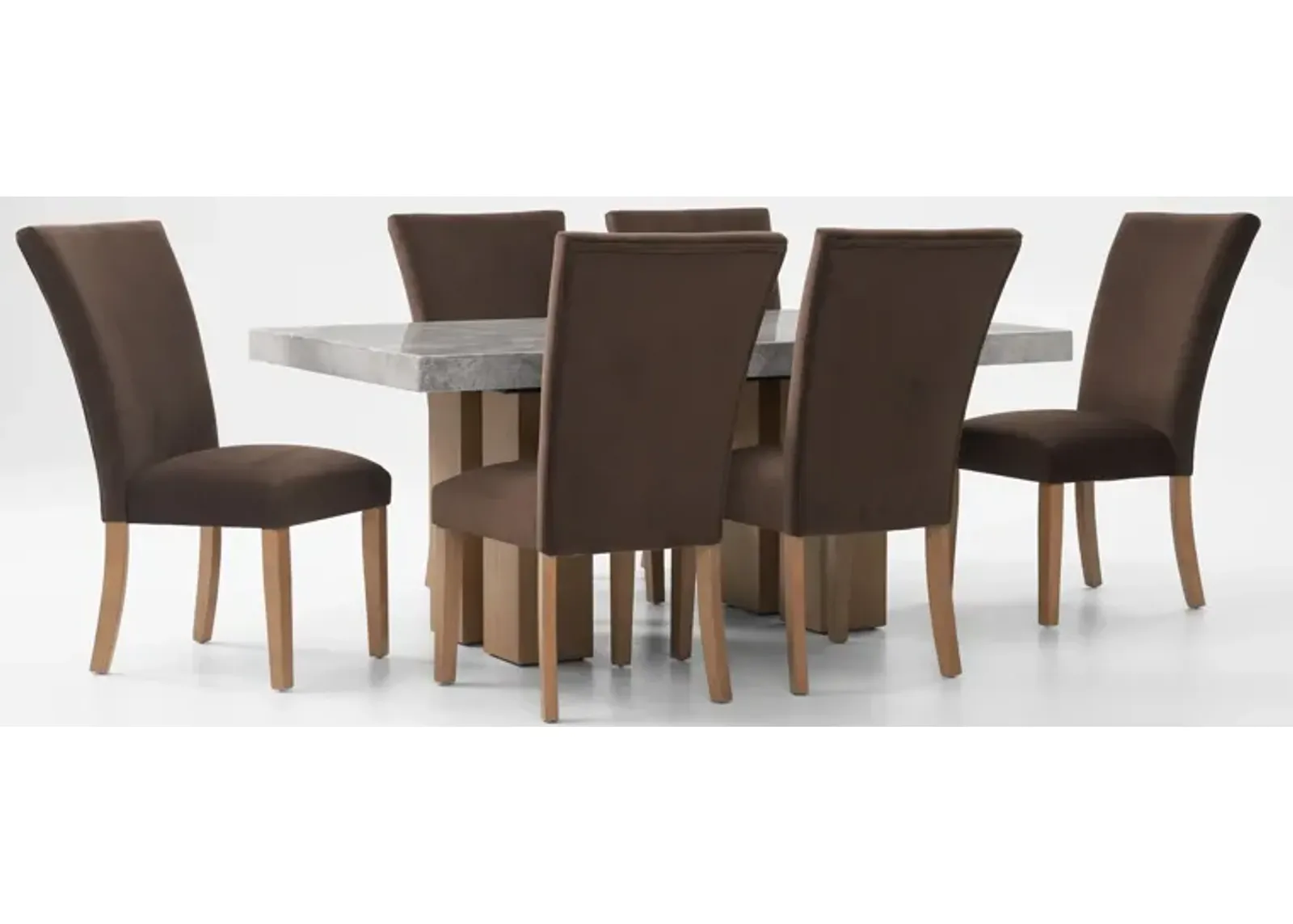 Artemis Marble Dining Table and 6 Upholstered Dining Chairs - Gray Marble/Brown/Natural Legs