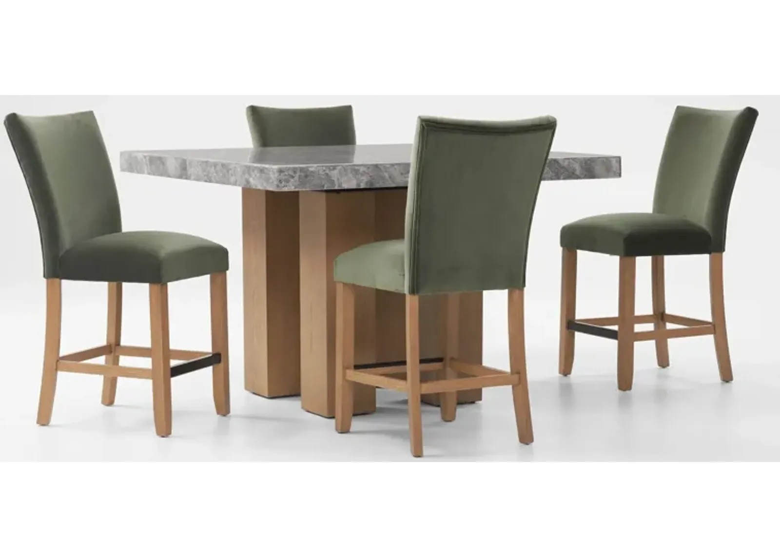 Artemis Marble Counter-Height Dining Table and 4 Upholstered Stools - Gray Marble/Olive