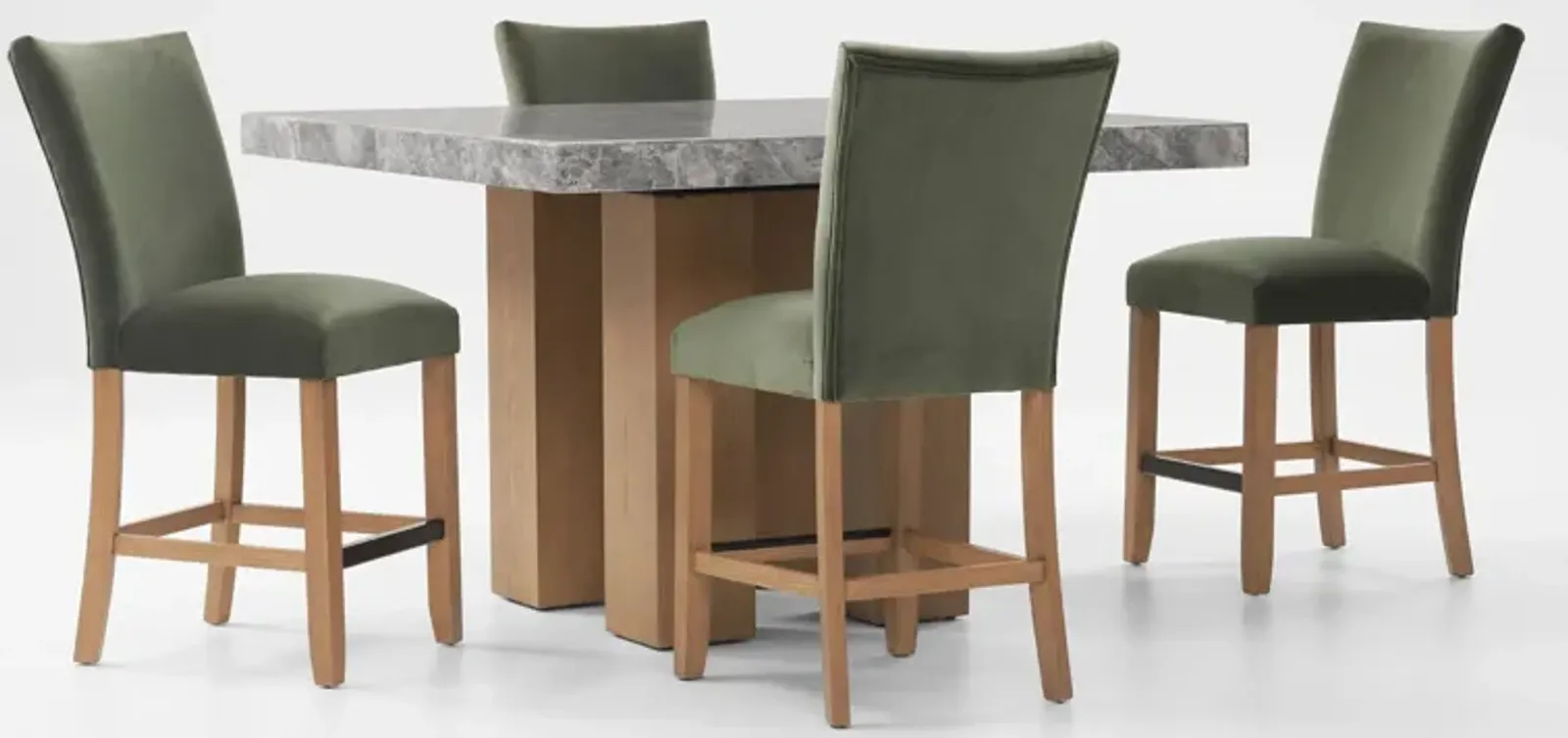 Artemis Marble Counter-Height Dining Table and 4 Upholstered Stools - Gray Marble/Olive