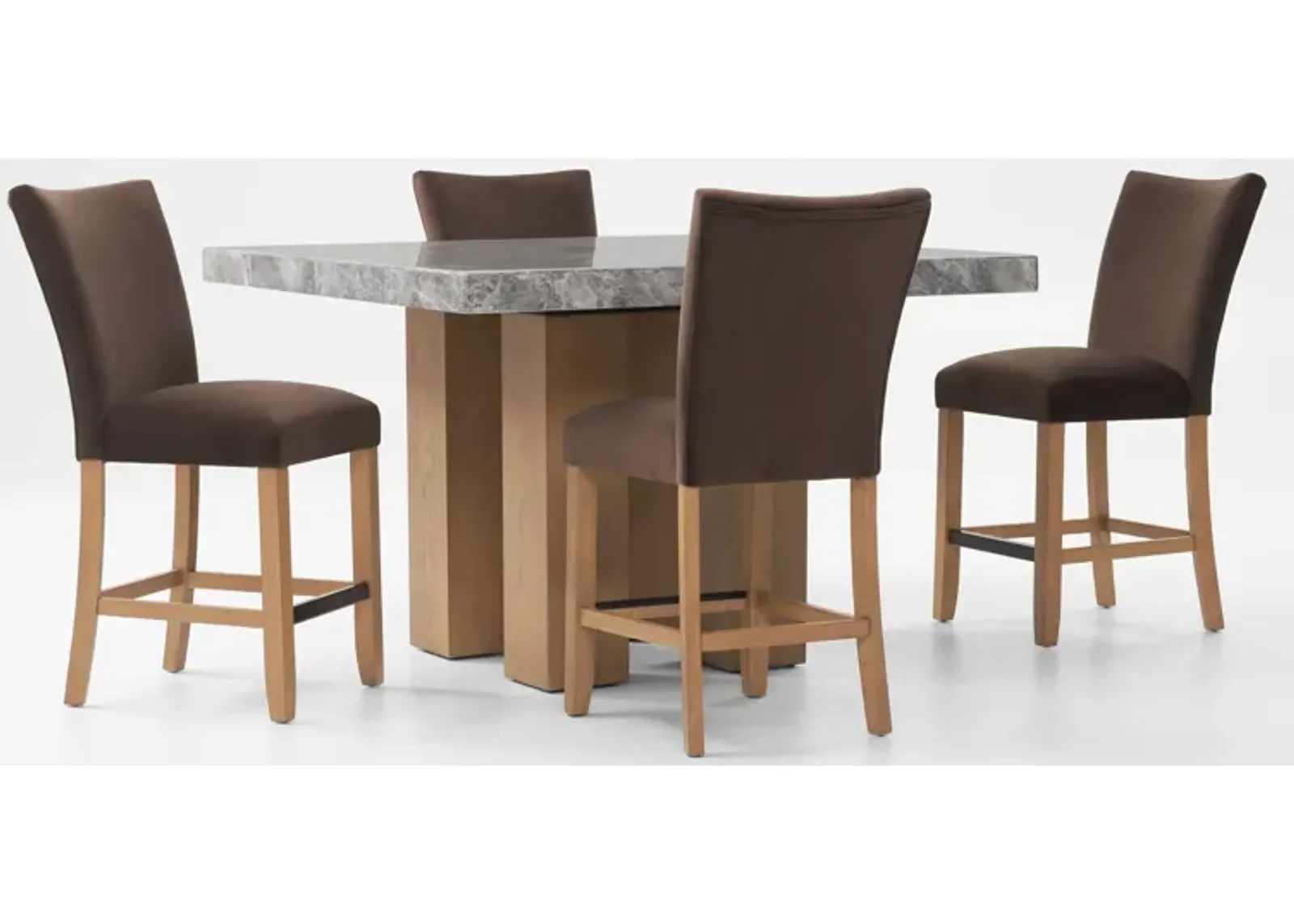 Artemis Marble Counter-Height Dining Table and 4 Upholstered Stools - Gray Marble/Brown/Natural Legs