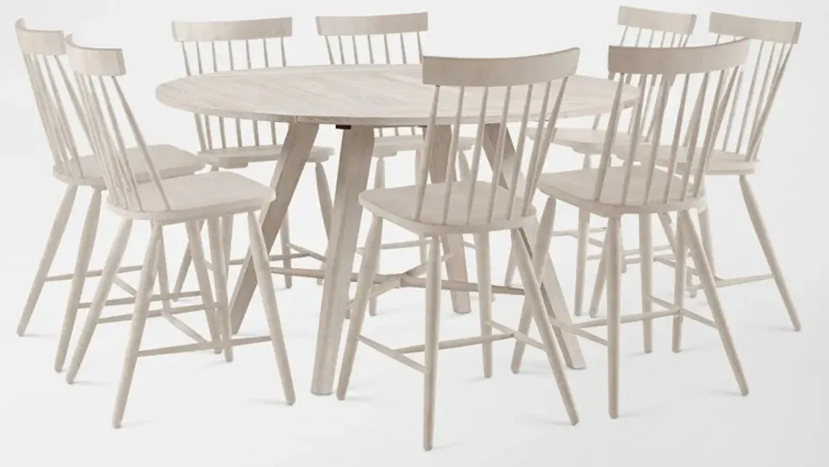 Hayward Solid Wood Convertible Counter-Height Dining Table & 8 Windsor-Back Stools - White