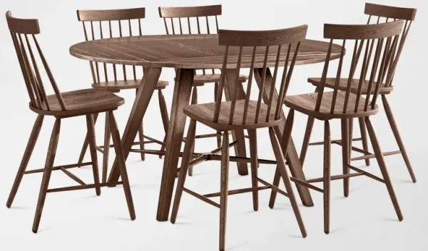 Hayward Solid Wood Convertible Counter-Height Dining Table & 6 Windsor-Back Stools - Brown