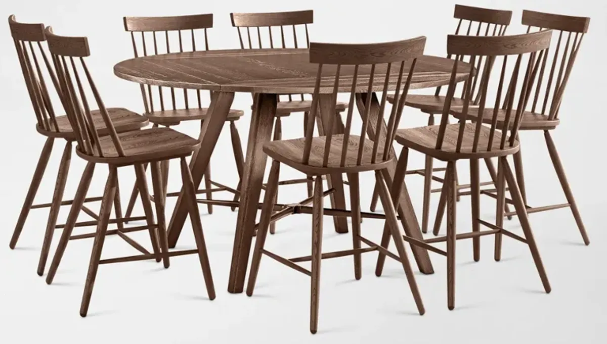 Hayward Solid Wood Convertible Counter-Height Dining Table & 8 Windsor-Back Stools - Brown