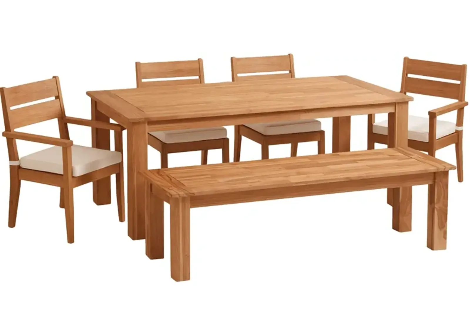 Long Beach Outdoor Dining Table, 2 Dining Armchairs, 2 Dining Chairs and Bench