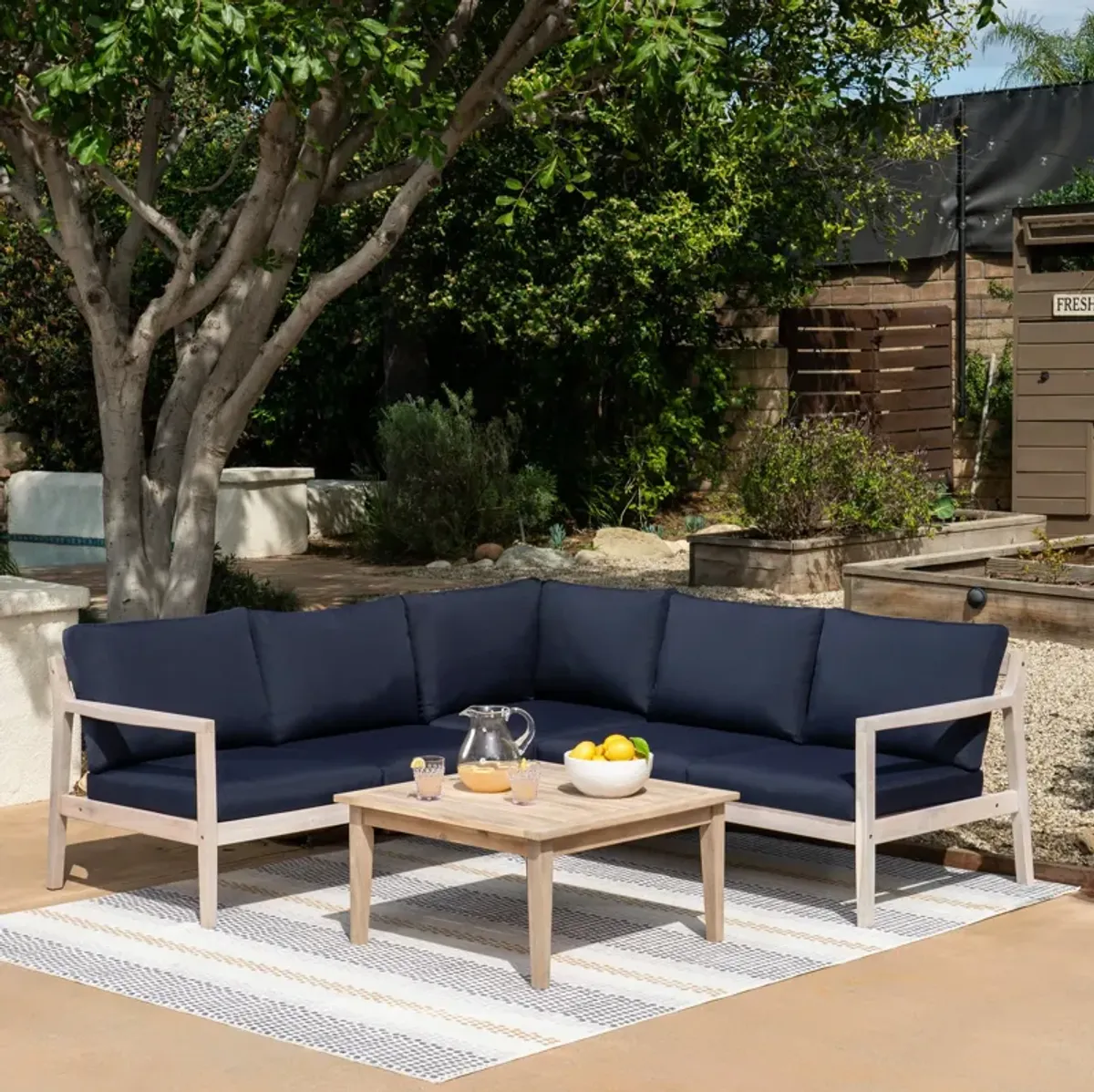 Annotto Bay 3-Piece Outdoor Sectional and Coffee Table - Blue/Natural