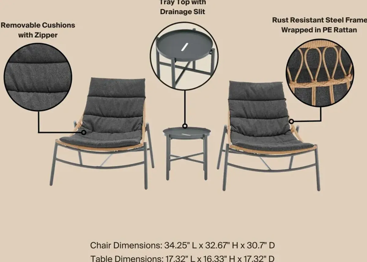 Waikiki Set of 2 Outdoor Lounge Chairs and End Table - Gray