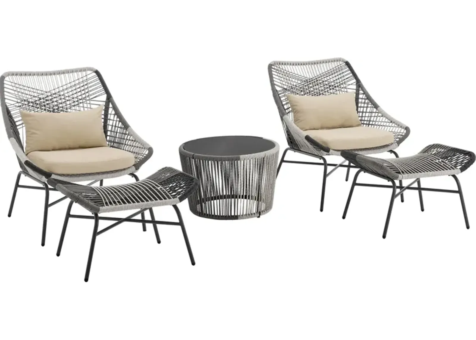 Biloxi Set of 2 Lounge Chairs with Ottomans and Side Tables - Cream