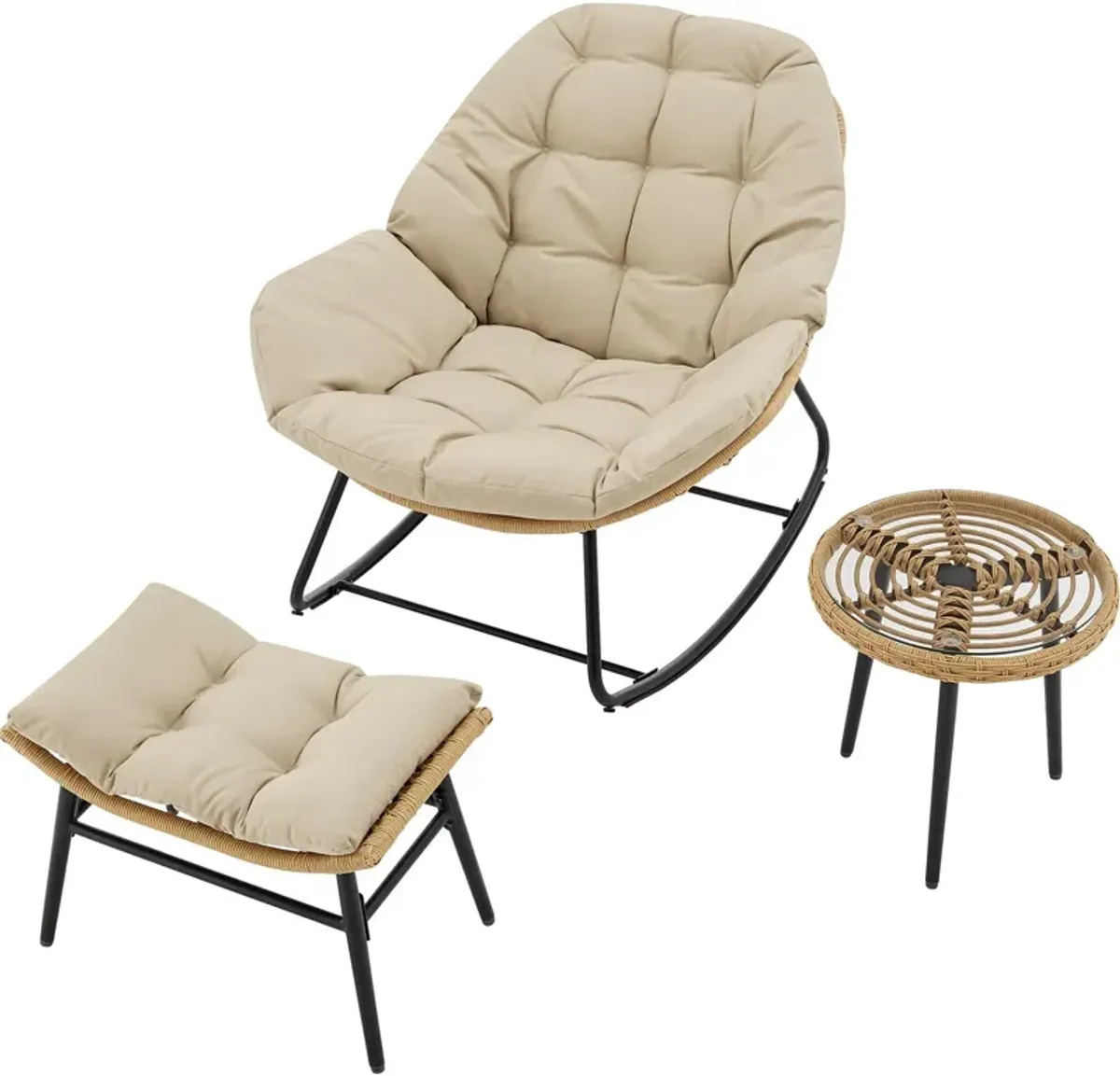 Springdale Outdoor Rocking Chair, Ottoman and End Table Set - Cream