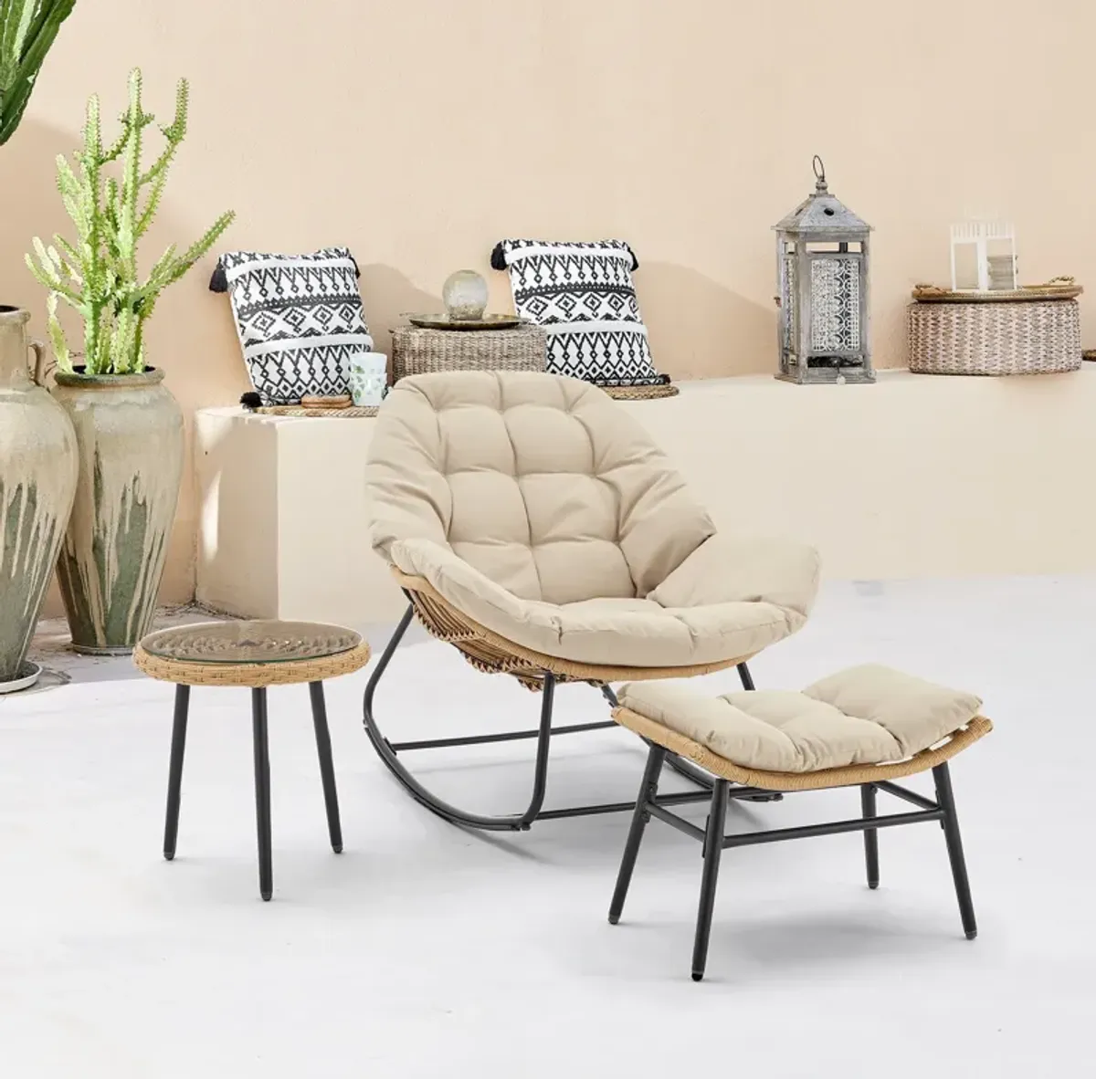 Springdale Outdoor Rocking Chair, Ottoman and End Table Set - Cream