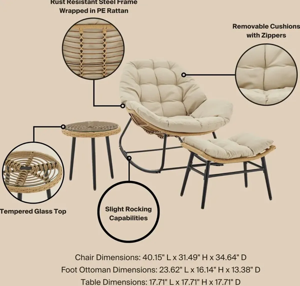 Springdale Outdoor Rocking Chair, Ottoman and End Table Set - Cream