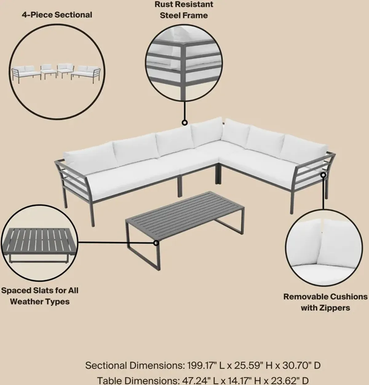 Maui Outdoor 4-Piece Sectional and Coffee Table Set - White