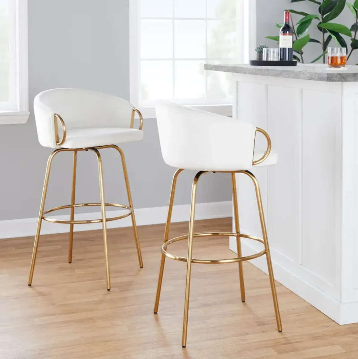 Eve Set of 2 Swivel Bar Stools - Cream/Gold