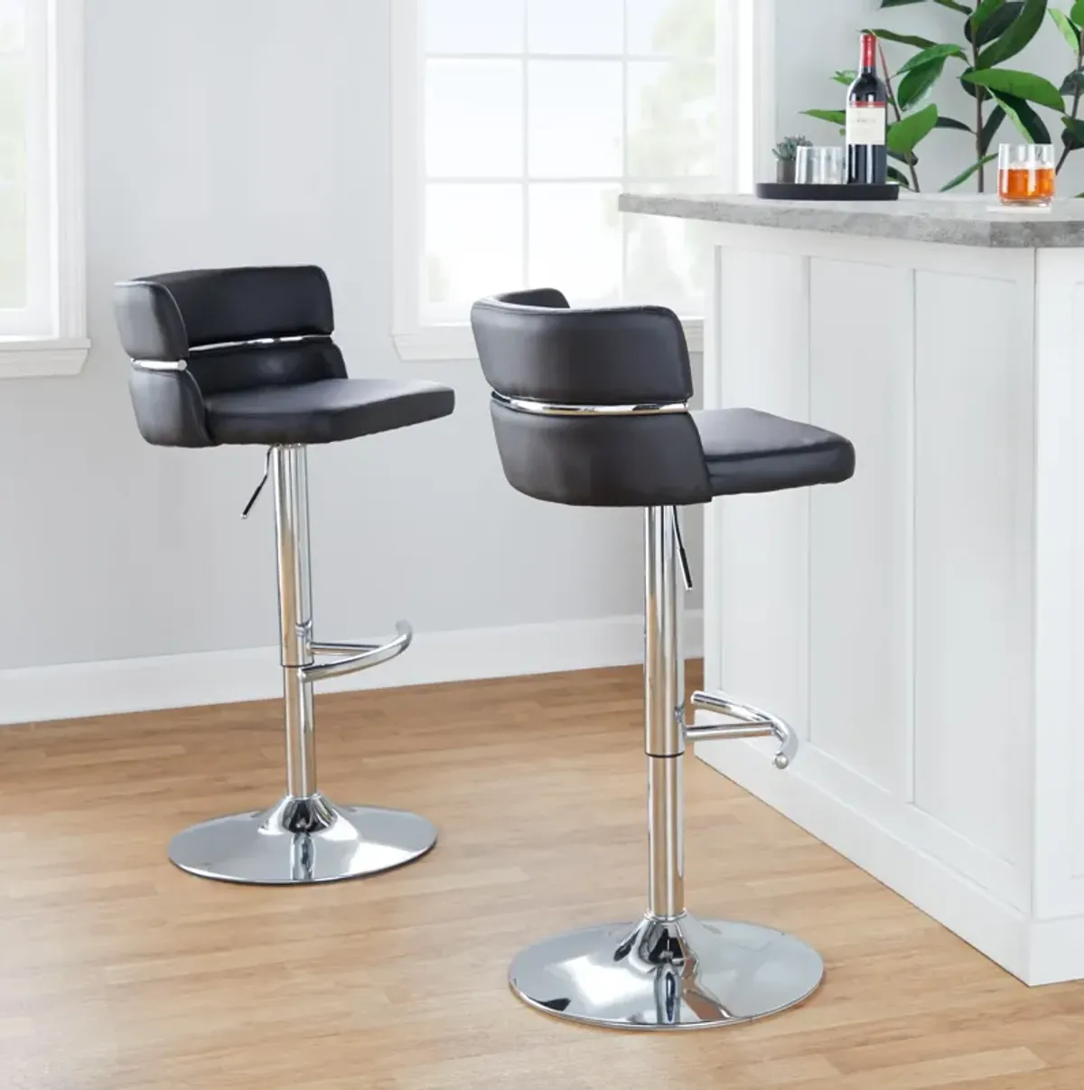 Anabelle Set of 2 Adjustable Swivel Bar Stools - Black Vegan Leather/Chrome