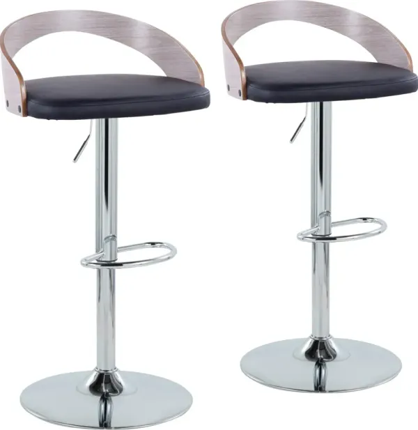 Cocina Set of 2 Adjustable Swivel Bar Stools - Black Vegan Leather/Gray