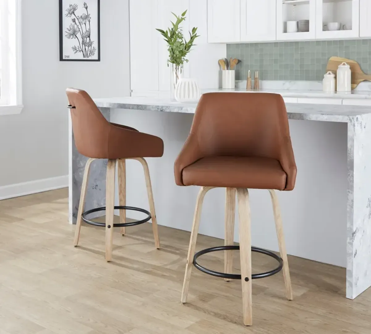 Neo Set of 2 Counter-Height Swivel Stools - Brown Vegan Leather