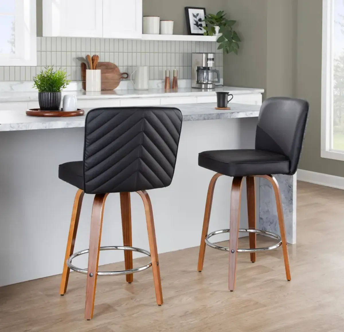 Robby Set of 2 Swivel Counter-Height Stools - Black Vegan Leather